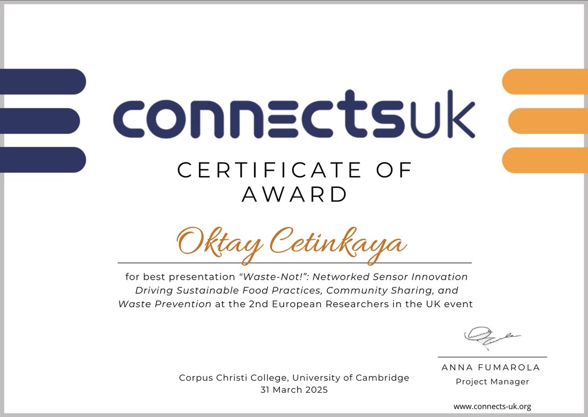 🎉 Honoured to win the 'Best Talk Award' at this fantastic event by <a href="/CONNECTS_UK_/">CONNecting EU Communities Through Science in UK</a>, hosted at <a href="/CorpusCambridge/">Corpus Christi</a>, <a href="/Cambridge_Uni/">Cambridge University</a>. Grateful to share my project "Waste-Not!" among such an inspiring group of researchers. Many thanks for bringing us together and for this recognition!