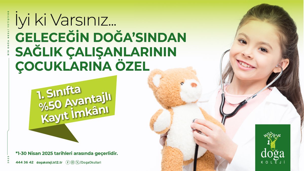 Sağlık sektöründe özveriyle görevlerini yapan sağlık çalışanlarının çocuklarına, Nisan ayında 1. Sınıf kayıtlarında %50 avantajlı kayıt imkânı!

Kontenjanlar dolmadan yararlanmak için: dogakoleji.k12.tr/kayit