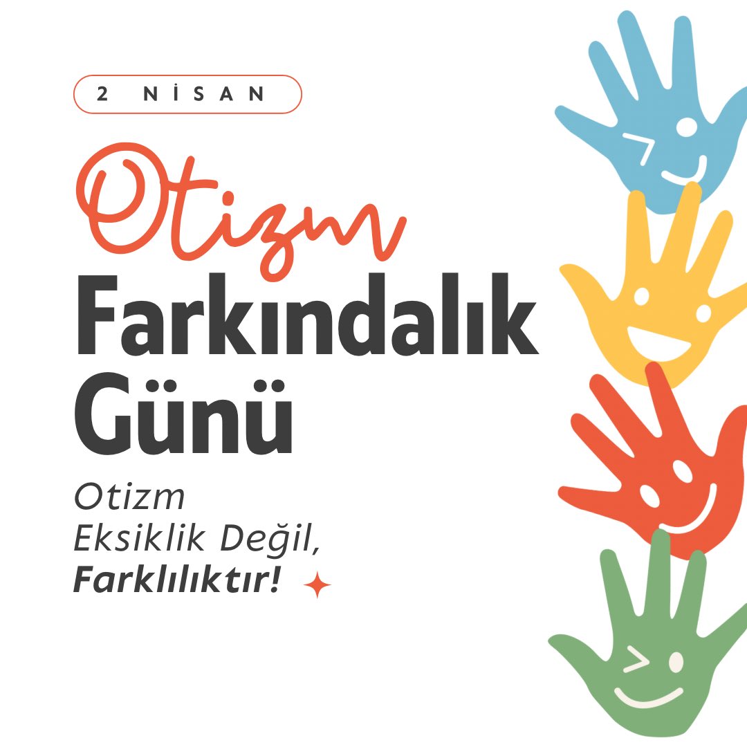 📢 2 Nisan Dünya Otizm Farkındalık Günü 💙

Bugün, otizmin bir eksiklik değil, farklı bir bakış açısı olduğunu hatırlatma günü!

Otizmli bireylerin toplumda daha fazla yer alabilmesi ve onların yaşamlarını kolaylaştırmak hepimizin sorumluluğudur. Farkında ol, destek ol.