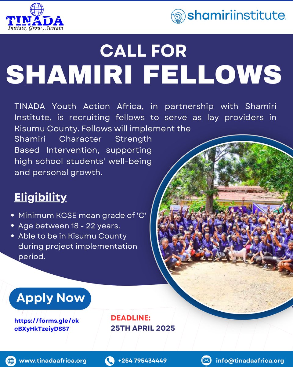 Do you want to contribute to the personal growth of students in high schools? If yes, this your chance to create change! drive.google.com/file/d/1Vuvr45…

Apply to be a Shamiri Fellow today and be part of the change!

#ShamiriTINADAFellows