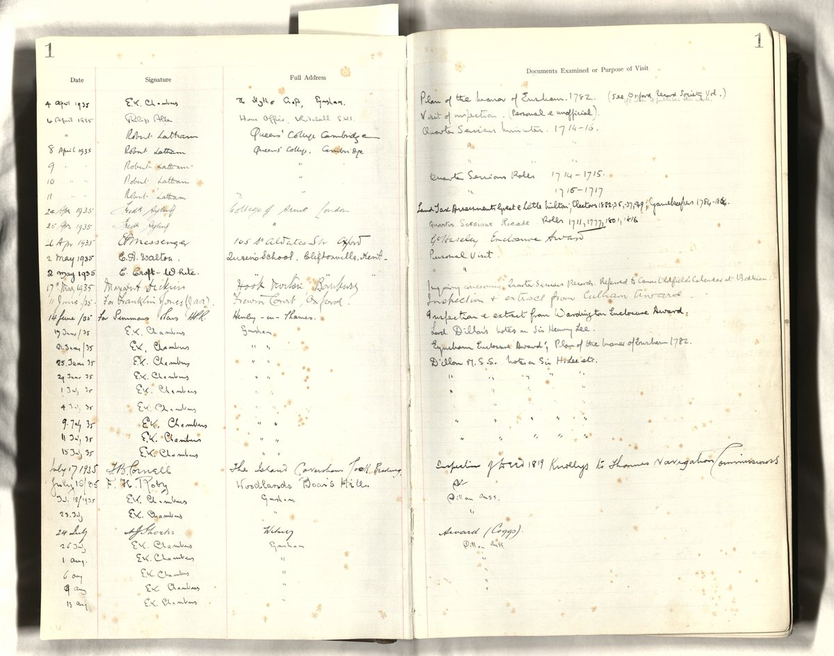 Oxon History Centre (@oxhist) on Twitter photo For #ArchiveBeginnings this book shows our first visitors to our archive in April 1935, including Philip Allen from the Home Office. The quarter sessions, enclosure awards and Dillon estate collection appear popular resources, which we can’t say has changed much! #Archive30 For #ArchiveBeginnings this book shows our first visitors to our archive in April 1935, including Philip Allen from the Home Office. The quarter sessions, enclosure awards and Dillon estate collection appear popular resources, which we can’t say has changed much! #Archive30