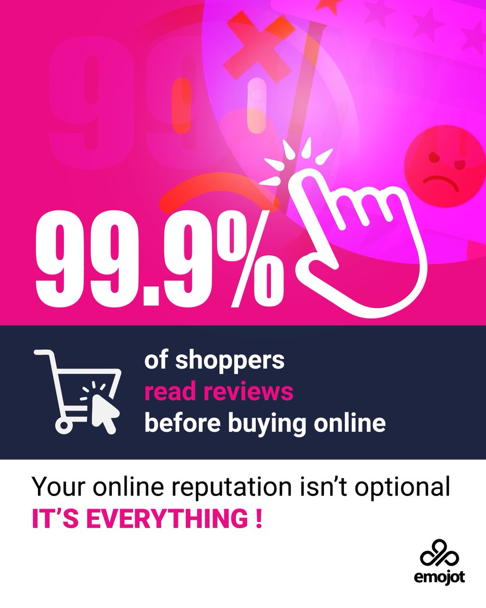 EmojotTALK's tweet image. Think online reviews don’t matter? Think again.

99.9% of customers read reviews before buying.
One good review builds trust. 

Reviews are trust signals, and Emojot helps you manage them like a pro.
Track, respond, and protect your reputation with ease.
#OnlineReputation #Emojot