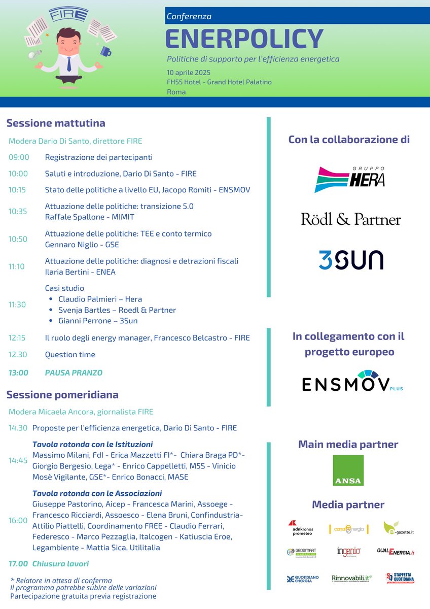 📣 -8 ad ENERPOLICY: politiche di supporto per l'efficienza energetica 📣

❓ Ti sei iscritto? 👉 fire-italia.org/conferenza-ene…

↪️ La partecipazione è gratuita!
 
#incentivi #transizioneenergetica #energyefficiency #diagnosienergetiche #detrazioni #politiche