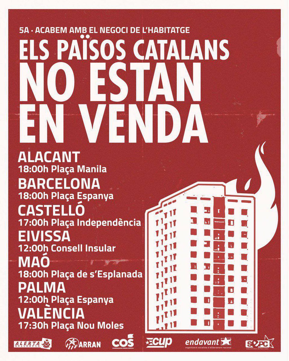 📢 El #5A ens sumem a les diferents convocatòries impulsades pel moviment per l’habitatge arreu dels Països Catalans 

Les cases per a viure i no per especular. Acabem amb el negoci de l’habitatge!