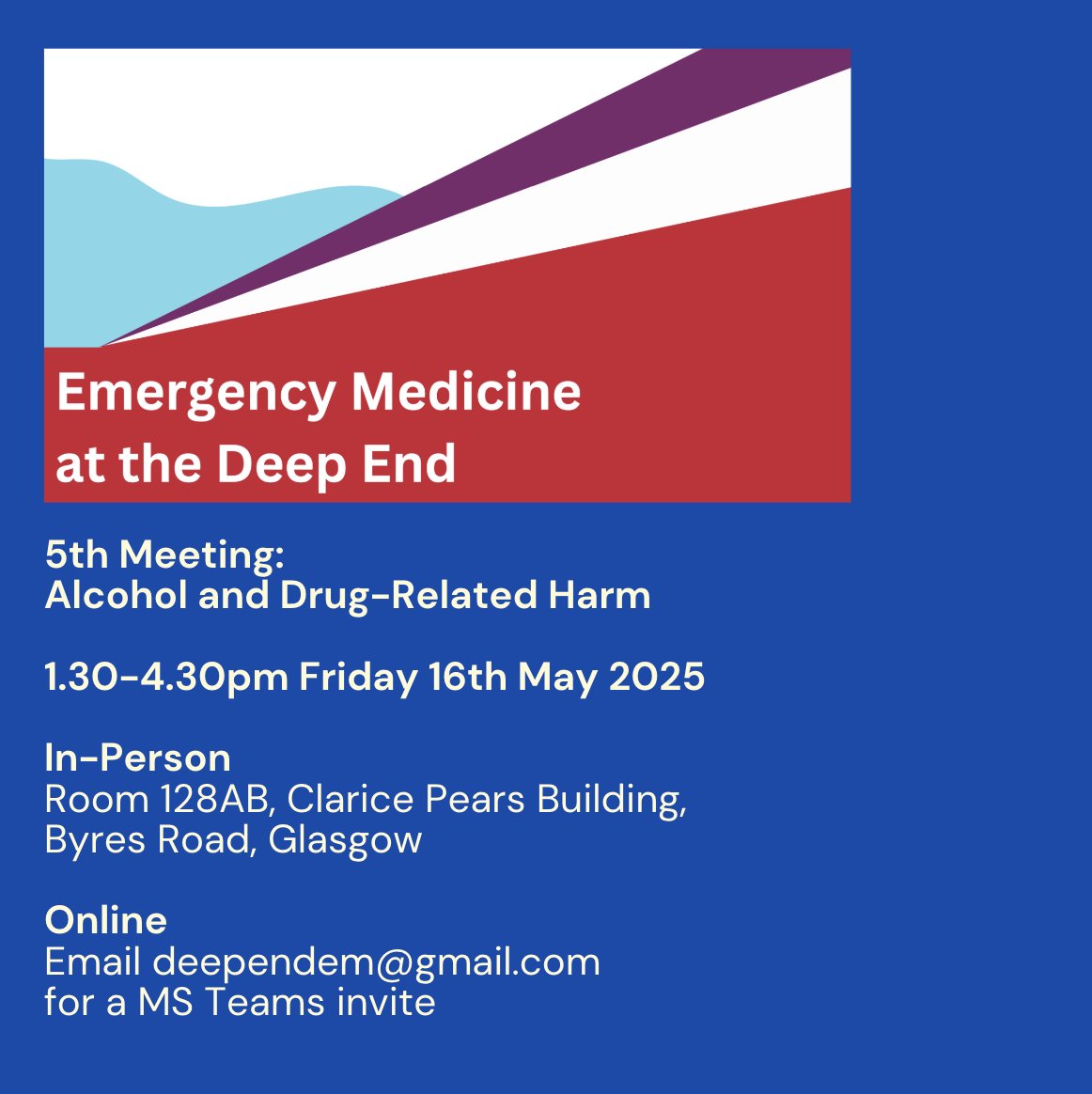 Emergency Medicine at the Deep End (@ematthedeepend) on Twitter photo The next meeting of <a href="/EMAtTheDeepEnd/">Emergency Medicine at the Deep End</a> Friday 16th May 1.30pm on a theme of Alcohol and Drug-Related Harm in the ED
A great range of speakers, from clinical trials to the patient experience. If you or your team have work to share in this area, get in touch, one slot still available The next meeting of <a href="/EMAtTheDeepEnd/">Emergency Medicine at the Deep End</a> Friday 16th May 1.30pm on a theme of Alcohol and Drug-Related Harm in the ED
A great range of speakers, from clinical trials to the patient experience. If you or your team have work to share in this area, get in touch, one slot still available