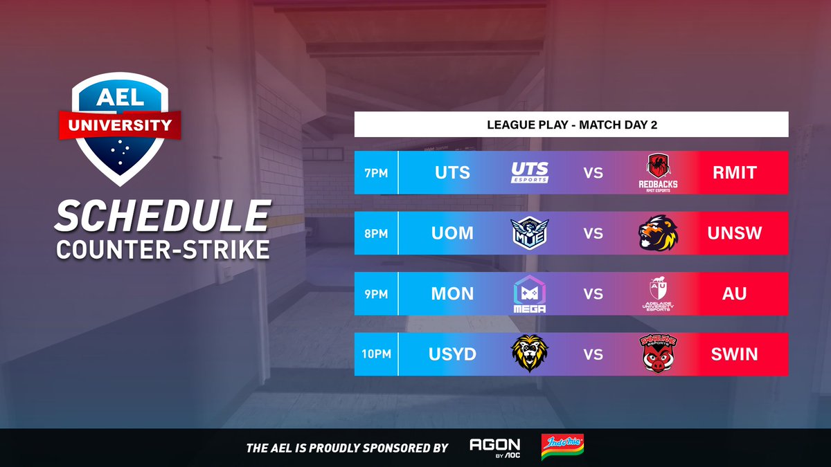 Australian Esports League (@auesportsleague) on Twitter photo The second match day of Counter-Strike is live tonight for the AEL University Elite Series!
🔴 Live from 6:45PM AEDT
📺 twitch.tv/auesportsleague
🎙️ <a href="/Mattse123/">MattSe</a> & <a href="/Emperor_zK/">Emperor_zK</a>
🕹️ <a href="/TwoTapTony/">Tony</a>
🎬 <a href="/BkWhatOCE/">Bk</a>
Match Schedule
7PM <a href="/UTSEsports/">UTS Esports</a> vs <a href="/RMITesports/">RMIT Esports & Games</a>
8PM <a href="/MelbUniEsports/">Melbourne University Esports</a> vs The second match day of Counter-Strike is live tonight for the AEL University Elite Series!
🔴 Live from 6:45PM AEDT
📺 twitch.tv/auesportsleague
🎙️ <a href="/Mattse123/">MattSe</a> & <a href="/Emperor_zK/">Emperor_zK</a>
🕹️ <a href="/TwoTapTony/">Tony</a>
🎬 <a href="/BkWhatOCE/">Bk</a>
Match Schedule
7PM <a href="/UTSEsports/">UTS Esports</a> vs <a href="/RMITesports/">RMIT Esports & Games</a>
8PM <a href="/MelbUniEsports/">Melbourne University Esports</a> vs