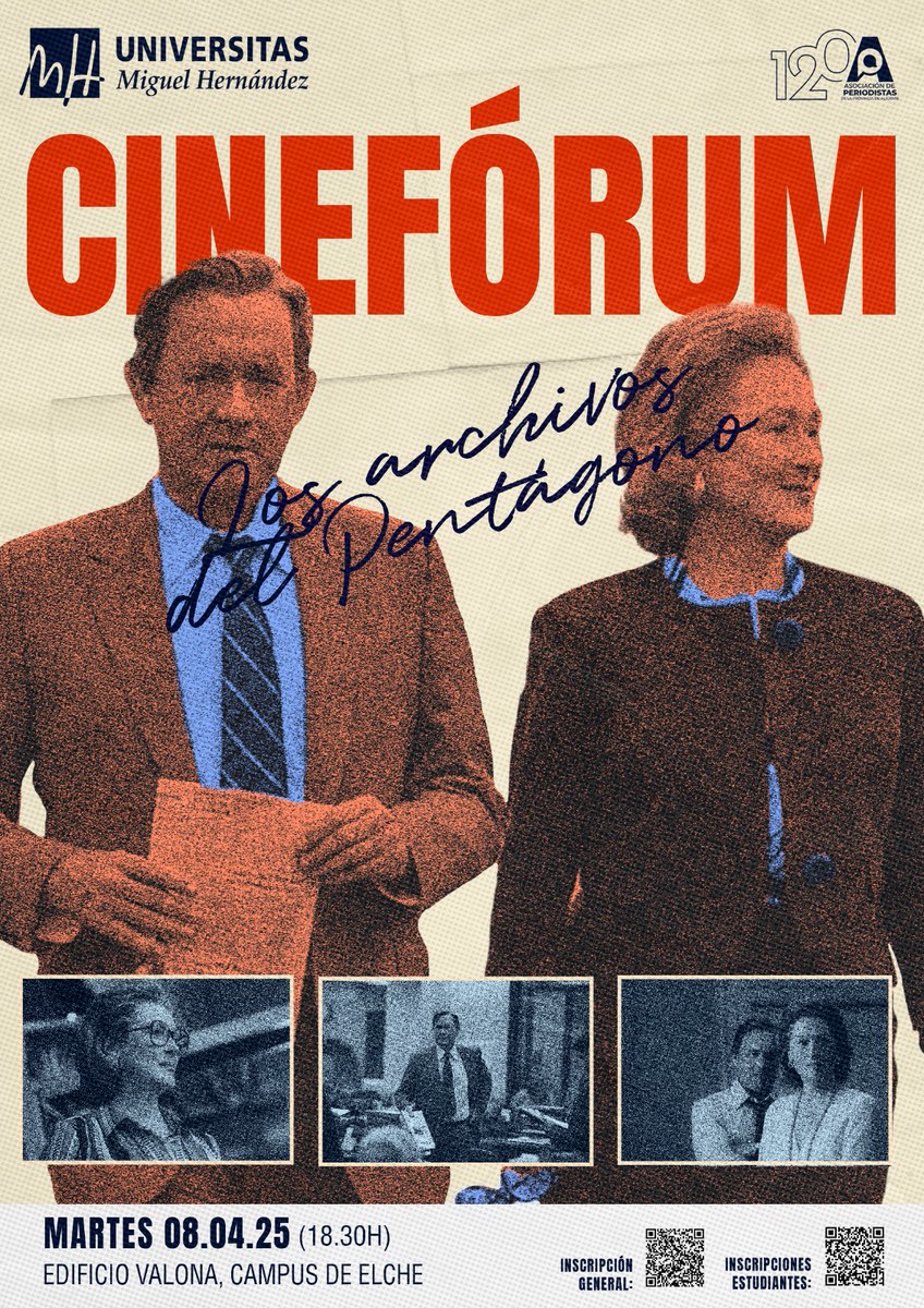 🎬 ¡Cinefórum en la UMH! Proyección de Los archivos del Pentágono y debate sobre periodismo y libertad de prensa. 🗞️📢

📅 8 abril 2025 | ⏰ 18:30h | 📍 Edificio Valona
🔗 Inscripción escaneando el QR del cartel.
#CinefórumUMH #Periodismo