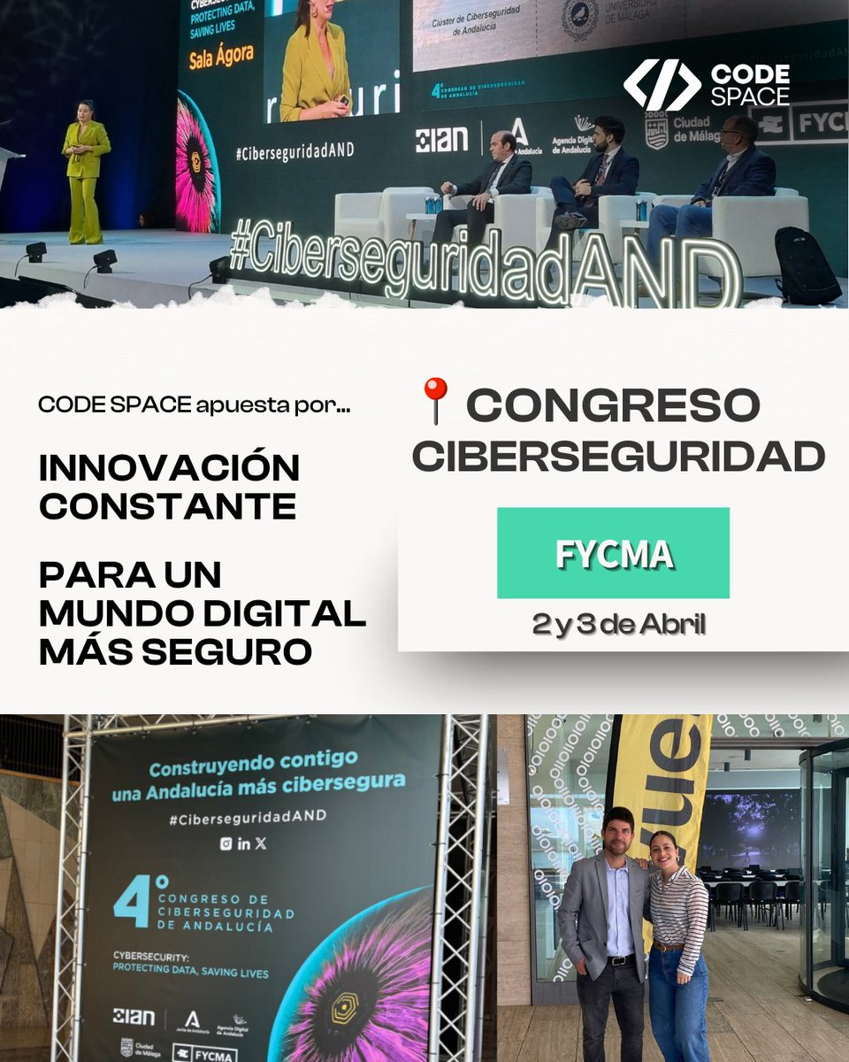 Hoy estamos en el Palacio de Ferias y Congresos de Málaga (FYCMA), para compartir conocimientos e innovación en seguridad digital.

➡️Aprender, conectar, evolucionar. ¡Eso es lo que nos mueve en CODE SPACE! 
 
#CODESPACE  #CiberseguridadAND