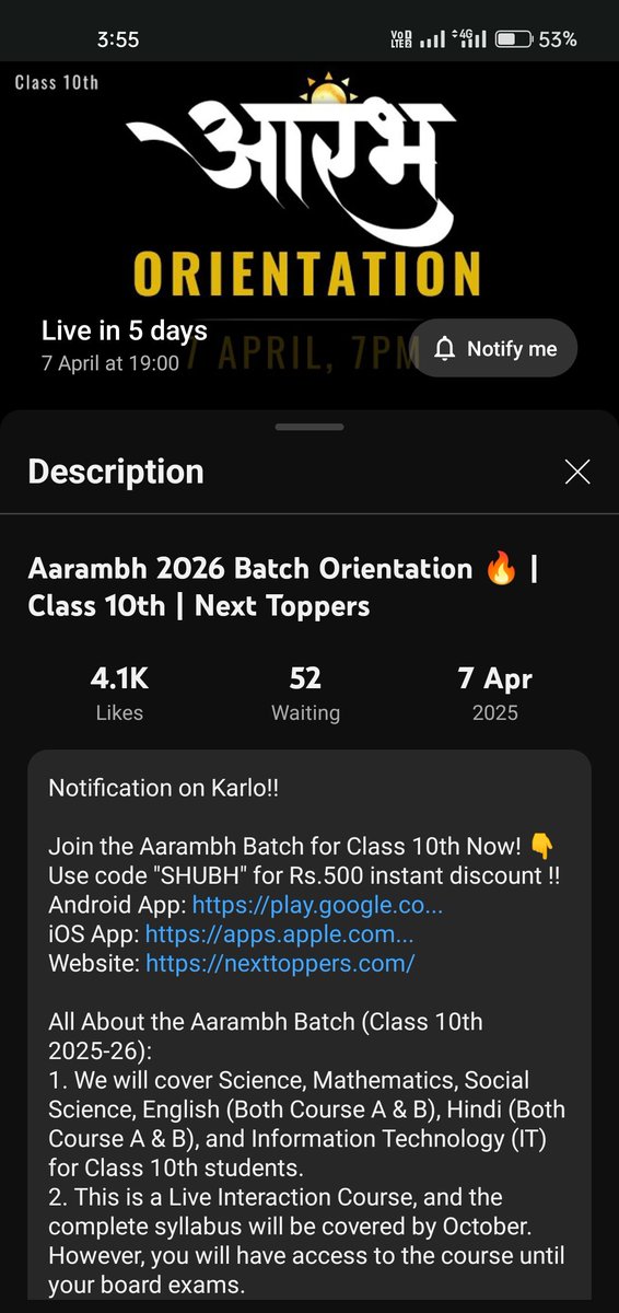 Aditya_Ku_Barua's tweet image. Dear @Next_Toppers, the code SHUBH is in the YouTube live session (Orientation on April 7), but it was invalid when I tried. Not knowing the start date, I had to buy the batch for ₹3000. As a student, ₹500 matters to me. Please resolve this. #StudentConcern #FairPricing"