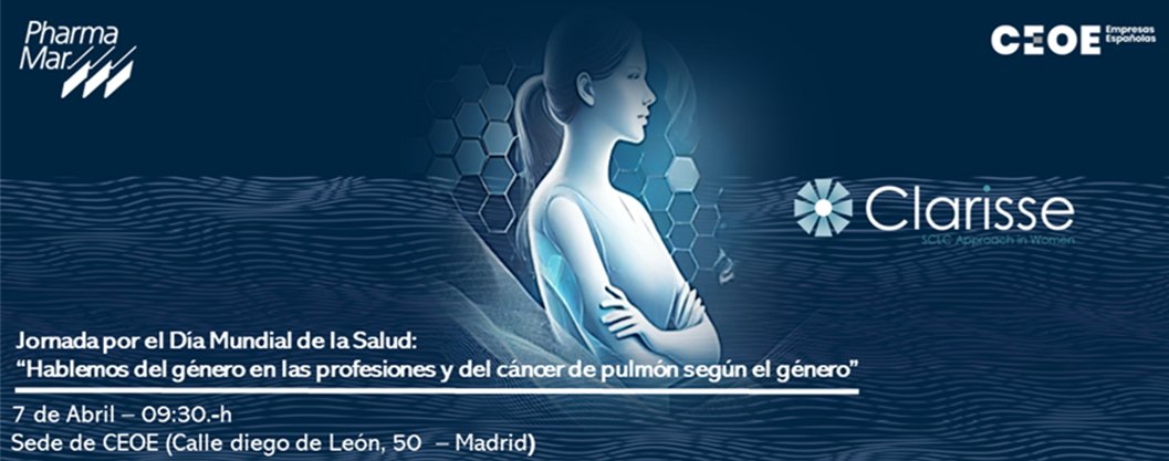 Anímate y acude a la jornada organizada por <a href="/CEOE_ES/">CEOE</a>  y <a href="/PharmaMar/">PharmaMar</a> con motivo del #DíaMundialdelaSalud el próximo 7 de abril sobre el género y el cáncer de pulmón según el género.

Presentarán el proyecto Clarisse, junto a <a href="/Icapem_vida/">ICAPEM</a> <a href="/AEACaP/">Cáncer de Pulmón</a> 

✍ttps://eventos.ceoe.es/PharmaMar