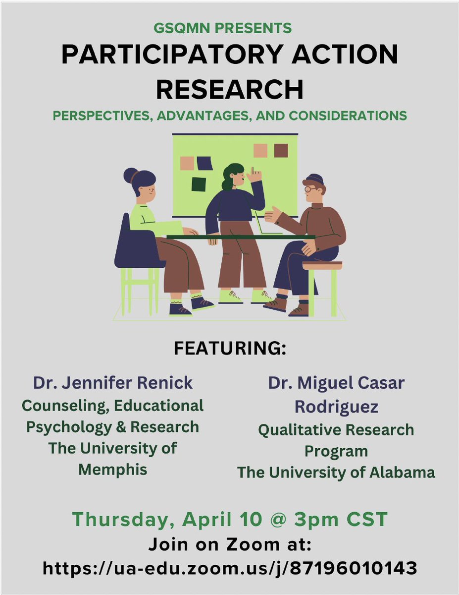 QualLab at Ohio State (@quallabosu) on Twitter photo Join the Graduate Student Qualitative Methods Network (GSQMN) for a Participatory Action Research workshop next Thursday (April 10th) at 3pm-4pm (CST) with Dr. Jennifer Renick <a href="/uofmemphis/">University of Memphis</a> & Dr. <a href="/MiguelECasar/">Miguel Casar</a> <a href="/UAESPRMC/">UA Educational Studies</a>! Join the Graduate Student Qualitative Methods Network (GSQMN) for a Participatory Action Research workshop next Thursday (April 10th) at 3pm-4pm (CST) with Dr. Jennifer Renick <a href="/uofmemphis/">University of Memphis</a> & Dr. <a href="/MiguelECasar/">Miguel Casar</a> <a href="/UAESPRMC/">UA Educational Studies</a>!