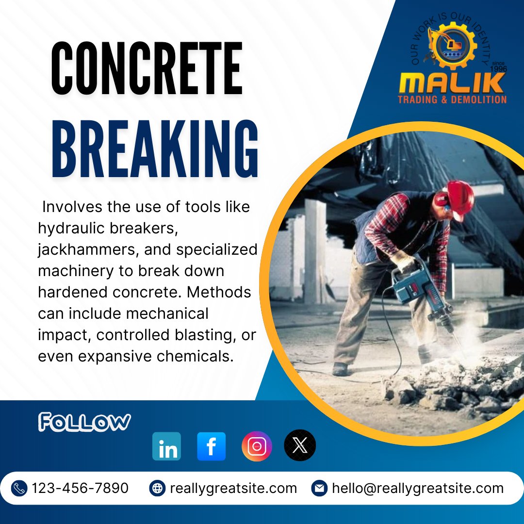 MalikDemoli96's tweet image. Concrete breaking is the process of demolishing or fragmenting concrete structures using specialized tools like jackhammers, breakers, or hydraulic equipment.#ConcreteBreaking
#ConcreteDemolition
#DemolitionWork
#ConcreteRemoval
#BreakingConcrete
#ConcreteCutting