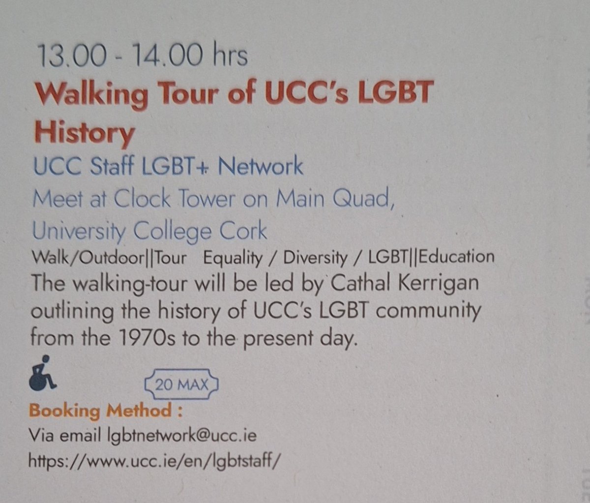 Looking forward to giving the <a href="/UCC_LGBTQ_STAFF/">UCC LGBT+</a> Network #UCC #lgbtqia Walking Tour as part of <a href="/learning_fest/">Cork Lifelong Learning Festival</a> tomorrow Thursday 3 April @ 1pm  - meet up at the Clock Tower on the Main Quad <a href="/UCC/">UCC Ireland</a>... all welcome!