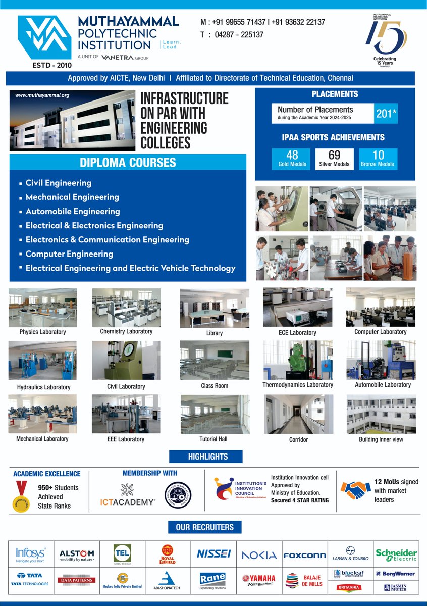 VanetraMuthaya2's tweet image. 🎓 Admissions Open for 2025-26! 🔧📚

Gear up for a successful career with Muthayammal Polytechnic Institutions! 🚀

Apply Now!
Visit:muthayammal.org
Contact: +91 9965571437

#AdmissionsOpen #MuthayammalPolytechnic #PolytechnicEducation #SkillDevelopment #bestcolleges