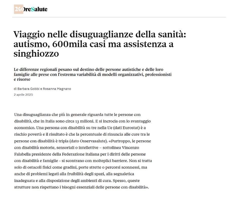 La #disabilità non è una questione di assistenza, ma di #diritti. Anche in ambito di servizi sanitari. Come sottolinea in questa intervista a <a href="/sole24ore/">IlSole24ORE</a> il presidente <a href="/Vinc_Falabella/">Vincenzo Falabella 🇮🇹</a>, serve un cambio di passo 👉🏻 bit.ly/4jbMtRR