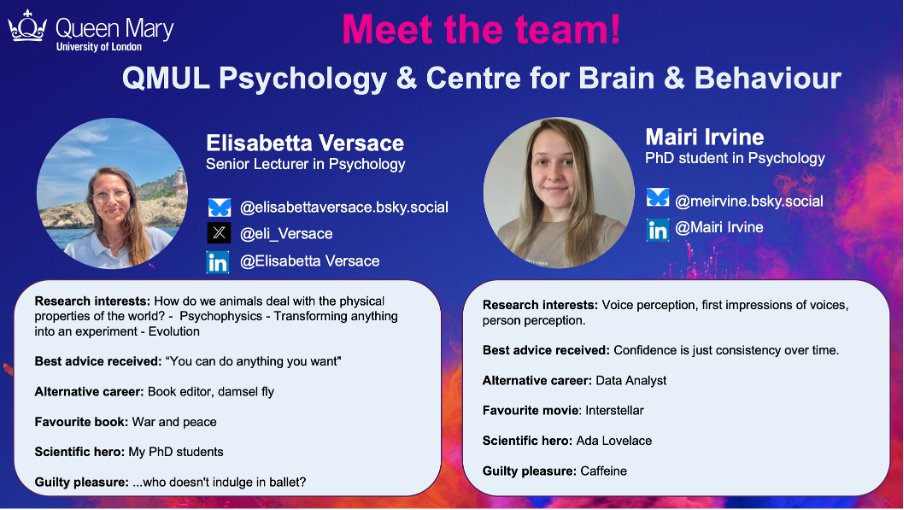 You are all invited to"Meet the team"! We will post regularly to introduce our fantastic staff at the Department of Psychology and Centre for Brain &amp; Behaviour <a href="/QM_SBBS/">QM_SBBS</a> . Today, we would like to introduce Elisabetta Versace <a href="/eli_versace/">elisabetta versace</a> and Mairi Irvine #meettheteam