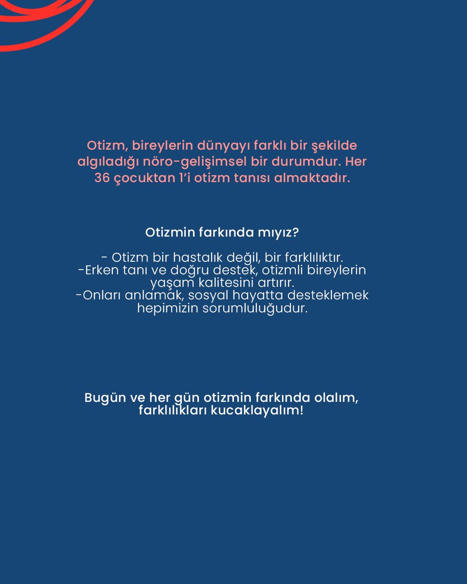 Bugün ve her gün otizmin farkında olalım, farklılıkları kucaklayalım! 🫂

Otizm, bireylerin dünyayı farklı bir şekilde algıladığı nöro-gelişimsel bir durumdur. Her 36 çocuktan 1’i otizm tanısı almaktadır. 🧐