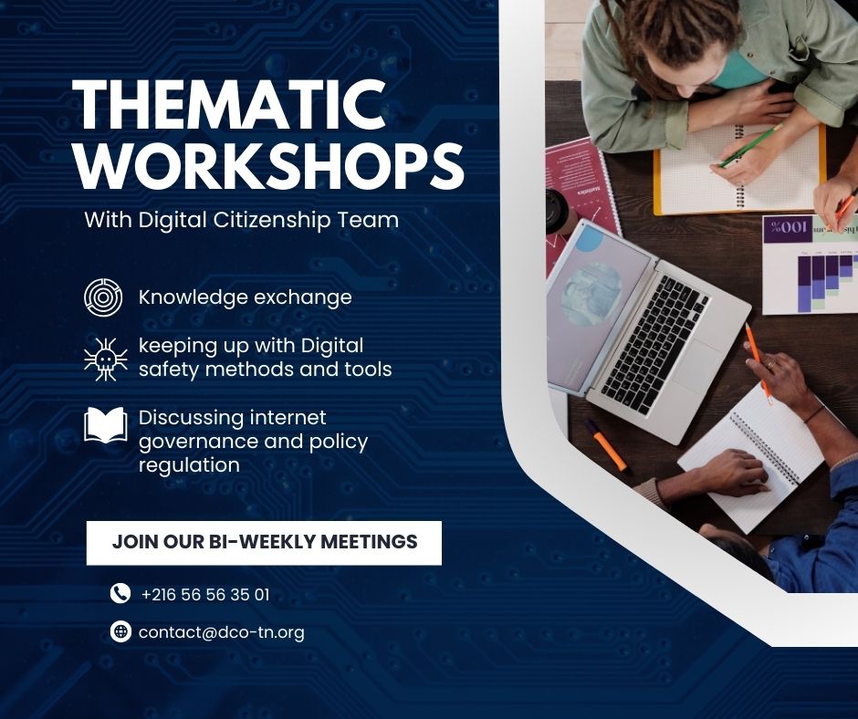 Bi-weekly workshop with Digital Citizenship experts:
Exchange of knowledge and keeping up with digital safety trends
Contact us to participate!
#workshops #Team #DigitalCitizenship #الانترنت #Salamat #DigitalSafety #Tunisia
