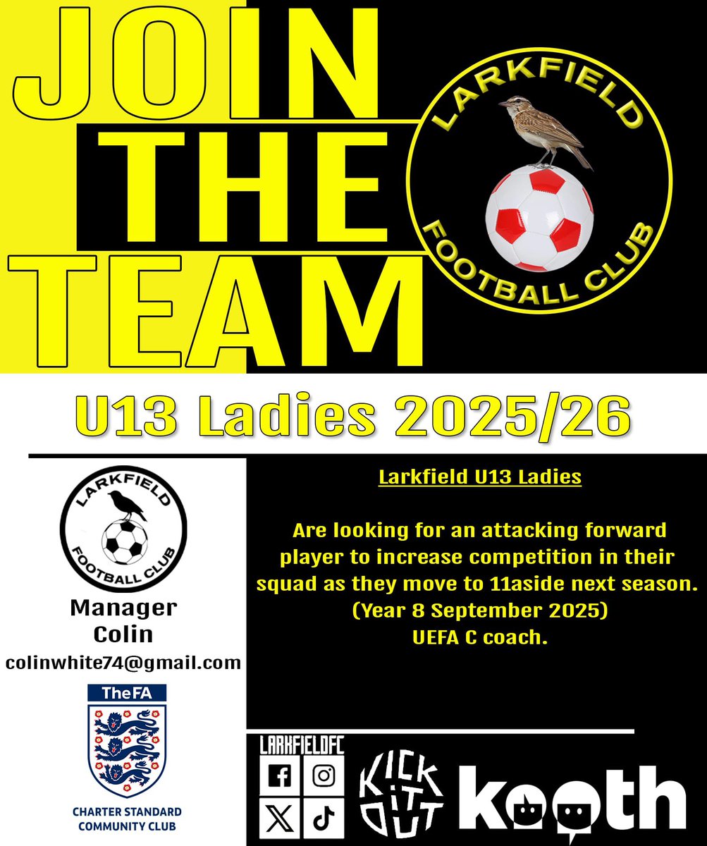 LarkfieldFC (@larkfieldfc) on Twitter photo ๐ท๐ณ๐จ๐๐ฌ๐น๐บ ๐พ๐จ๐ต๐ป๐ฌ๐ซ!
Our U13 Ladies for 2025/26 season are looking for an attacking player to complete their squad for the upcoming new season as they become 11 aside.
School Year 8 from Sept 25.
Interested? please contact Colin whoโd love to have a chat with you ๐กโซ๏ธ ๐ท๐ณ๐จ๐๐ฌ๐น๐บ ๐พ๐จ๐ต๐ป๐ฌ๐ซ!
Our U13 Ladies for 2025/26 season are looking for an attacking player to complete their squad for the upcoming new season as they become 11 aside.
School Year 8 from Sept 25.
Interested? please contact Colin whoโd love to have a chat with you ๐กโซ๏ธ