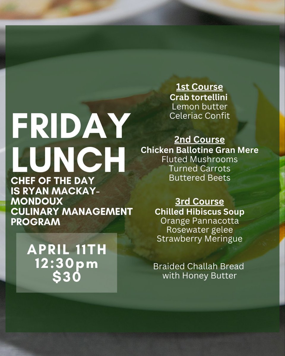 Our next lunch is Friday April 11th! 
Contact us to book your reservation for this delicious menu and experience!

(519) 743-8335⁠
⁠
#food #foodie #chef #chefschool #culinarycollege #culinarystudent #kwawesome #studentchef #tastingmenu #ExploreWR #dinner #curatedkw