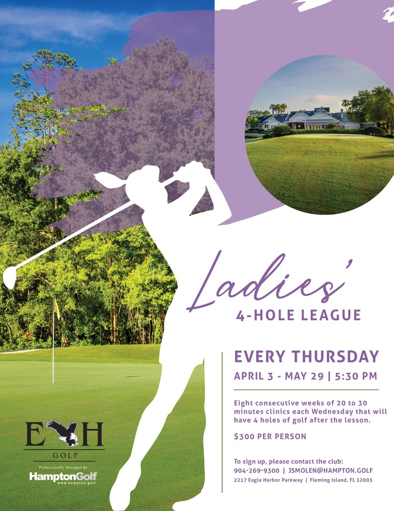 𝙇𝘼𝙎𝙏 𝘾𝙃𝘼𝙉𝘾𝙀 𝙏𝙊 𝙍𝙀𝙂𝙄𝙎𝙏𝙀𝙍! Ladies' 4-Hole League Starts Tomorrow!

𝐀𝐩𝐫𝐢𝐥 𝟑 - 𝐌𝐚𝐲 𝟐𝟗
▪️Every Thursday | 5:30PM

To sign up, please contact the club: 904-269-9300 | jsmolen@hampton.golf