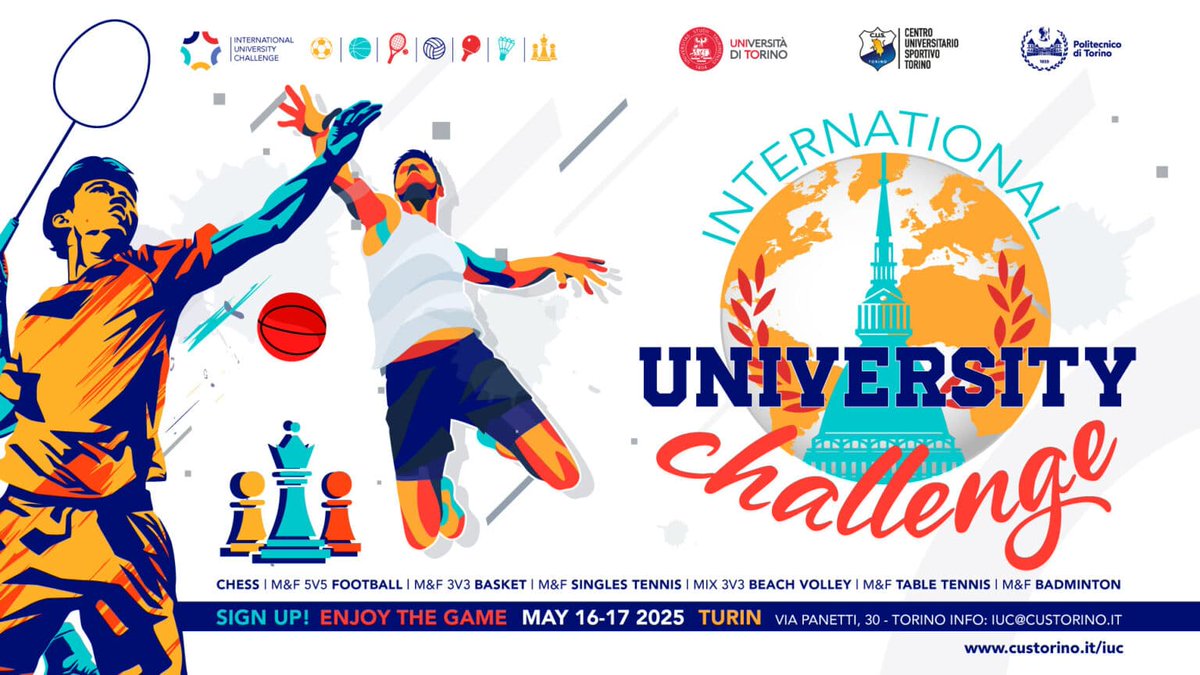 CUS Torino (@custorino) on Twitter photo International University Challenge 2025
Sport e divertimento: sei pronto a scendere in campo?
Dove: CUS Torino, Via Modesto Panetti 30, Torino
Quando: 16-17 maggio 2025
Partecipa ai tornei sportivi
Scopri gli sport e il programma: custorino.it/international-…
<a href="/unito/">Università di Torino</a> <a href="/PoliTOnews/">Politecnico di Torino</a> International University Challenge 2025
Sport e divertimento: sei pronto a scendere in campo?
Dove: CUS Torino, Via Modesto Panetti 30, Torino
Quando: 16-17 maggio 2025
Partecipa ai tornei sportivi
Scopri gli sport e il programma: custorino.it/international-…
<a href="/unito/">Università di Torino</a> <a href="/PoliTOnews/">Politecnico di Torino</a>