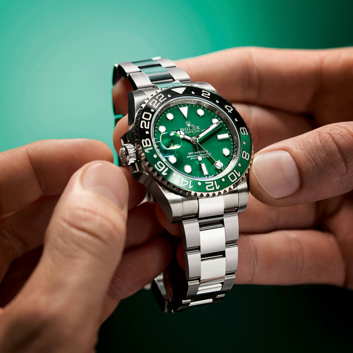 This latest Rolex GMT Master II is the first from the company to feature a ceramic dial that precisely matches the green of the bicolored bezel. It also features a left side crown for those who prefer to wear it on their right hand. #Rolex #GMTMaster #WatchesAndWonders2025
