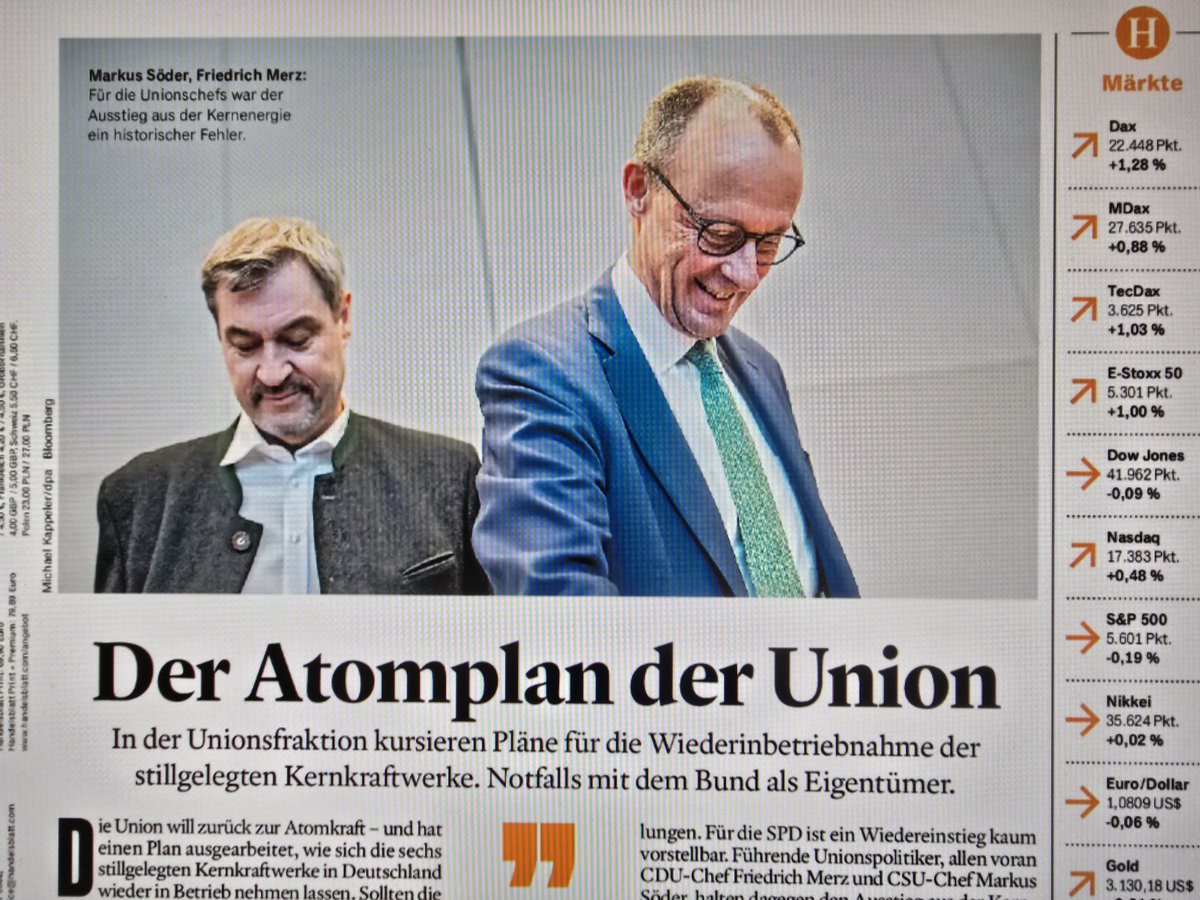 Weil Atomkraft irre teuer ist u. weil die Betreiber nicht mehr wollen, soll jetzt der Staat ran. 

Der #Atomplan von CDU u. CSU: Eine "Bundesgesellschaft" soll übernehmen. Kostet Mrd. Euro Steuergeld. Definiere Ideologie. 🤯

Derweil boomen private Investitionen in Erneuerbare...