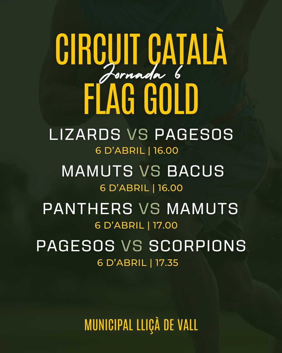 FCFAtwi's tweet image. 🏈 AGENDA CAP DE SETMANA 🏈

🏆 J6 Circuit Català #FutbolFlag Gold

#FCFA #flagfootball #Futbolflag @UFECcat @esportcat  #UllastrellBacus #CornellàMeerkats @bcnpagesos @TorredembarraL @MamutsG @BiguesFootball @CFAPanthers_