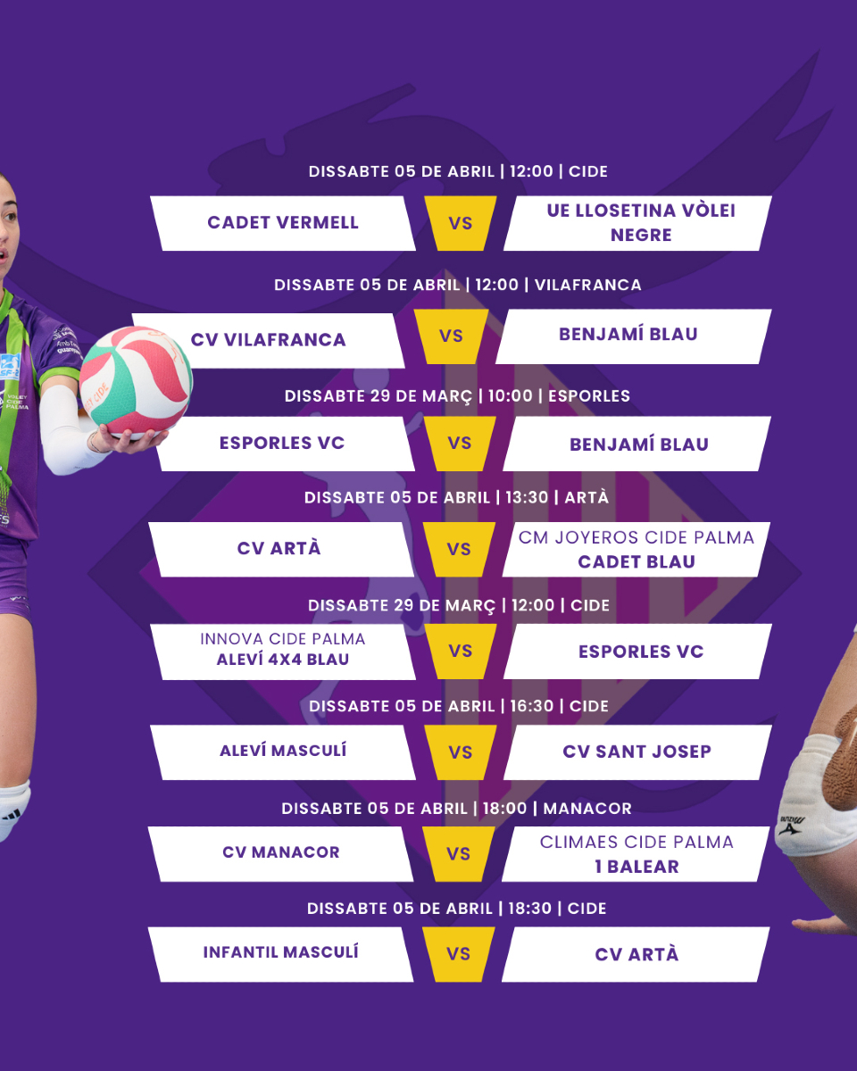 🏐 Una nova jornada de partits!

🏆 Aquest dissabte se celebra el Campionat de Mallorca Infantil Femení.
2️⃣ Menció especial per al Climaes Cide Palma (1a Balear), que aquesta setmana jugarà dos partits, començant per avui a les 20:00 h al Cide.
