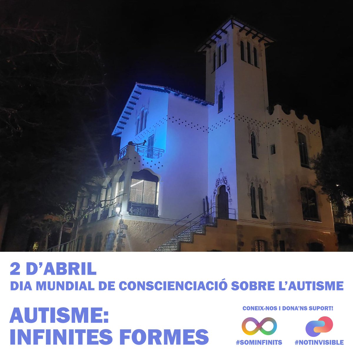 Amb motiu del Dia Mundial de Conscienciació sobre l’Autisme, aquest vespre 2 d’abril, podràs veure les cases #modernistes d’ @autismegarriga il·luminades de blau.
AUTISME: INFINITES FORMES
#SomInfinits #NotInvisible #SomosInfinitos  #LightItUpBlue