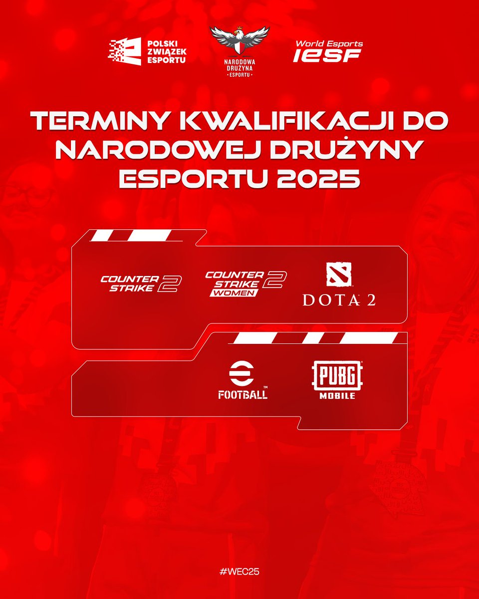 Kwiecień upłynie pod znakiem rywalizacji o prawo gry w esportowej reprezentacji Polski!  🤍❤️

Ogłaszamy turnieje kwalifikacyjne w 5 tytułach: 
🔫 Counter-Strike 2
🔫 Counter-Strike 2 kobiet
⚔️ Dota 2
🪂 PUBG Mobile
⚽ eFootball

Zwycięzcy tych rozgrywek zapewnią sobie udział w
