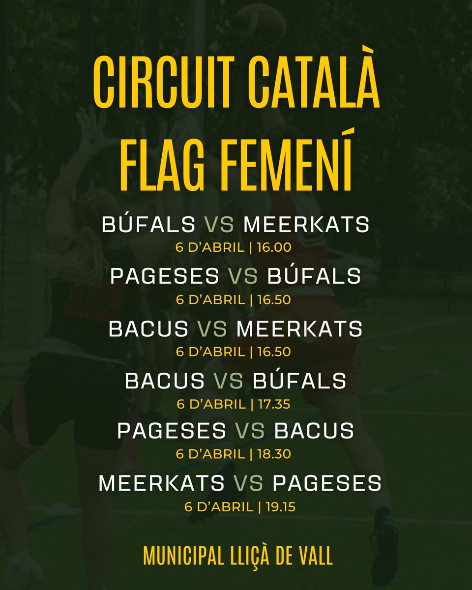 🏈 AGENDA CAP DE SETMANA 🏈

🏆 Circuit Català #FutbolFlag Femení

#FCFA #flagfootball #Futbolflag <a href="/UFECcat/">Unió de Federacions Esportives de Catalunya</a> <a href="/esportcat/">Esports</a>  #UllastrellBacus #CornellàMeerkats <a href="/bcnpagesos/">BARCELONA PAGESOS</a> <a href="/bufals/">Barcelona Búfals</a>