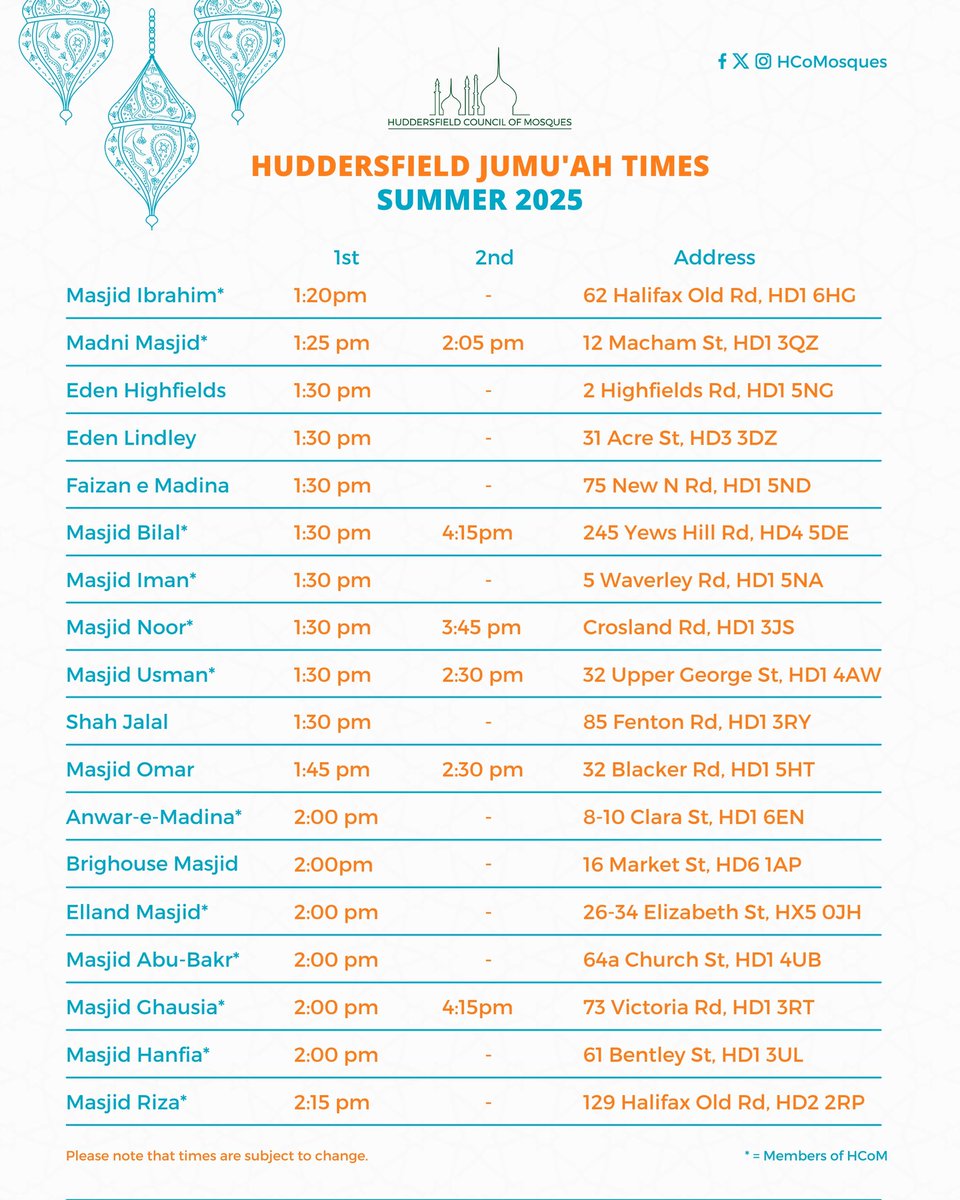 Huddersfield Jumu’ah Salaah Times - Summer 2025

Times are subject to change.