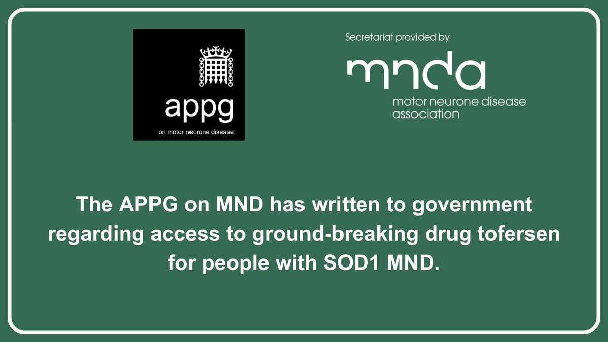 APPG on Motor Neurone Disease (@appgonmnd) on Twitter photo At yesterday’s APPG on #MND meeting, people with SOD1 MND shared struggles accessing the breakthrough drug, tofersen.
This morning APPG officers wrote to the Minister of State for Health, <a href="/karinsmyth/">Karin Smyth</a>, urging her to find a solution.
Read the letter here: mndassociation.org/media/5795 At yesterday’s APPG on #MND meeting, people with SOD1 MND shared struggles accessing the breakthrough drug, tofersen.
This morning APPG officers wrote to the Minister of State for Health, <a href="/karinsmyth/">Karin Smyth</a>, urging her to find a solution.
Read the letter here: mndassociation.org/media/5795