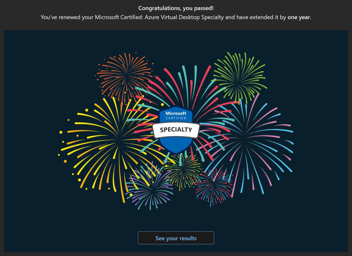 Used my lunchbreak for renewing my Azure Virtual Desktop Specialty certification!