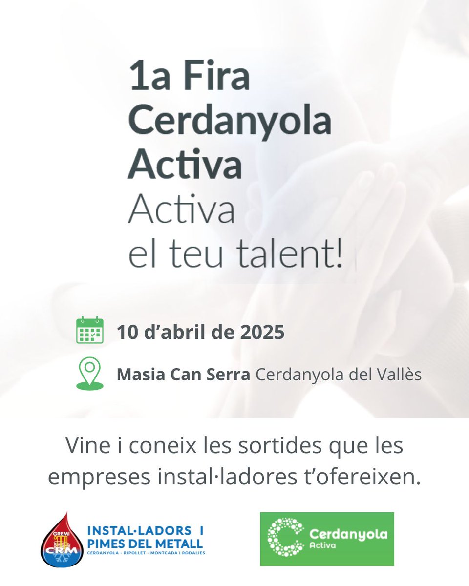 📢✨ El Gremi serà present a la 1a Fira Cerdanyola Activa! ✨📢  

📅 Dijous 10 d’abril 🕘 de 9:00 a 14:00 h  
📍 Masia Can Serra, Cerdanyola del Vallès

Vine a descobrir les sortides professionals dins del nostre sector! 🔧🔨 Un sector amb molt de futur 🚀 i grans oportunitats