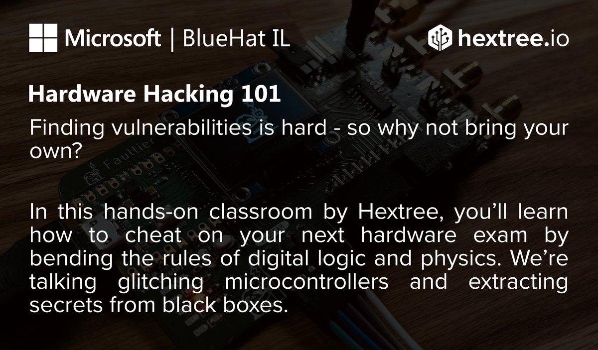 hextree.io (@hextreeio) on Twitter photo Looking to take your first steps in hardware hacking?
<a href="/BlueHatIL/">BlueHat IL</a> invited us to bring the magic of bit-flipping & instruction corruption to our own classroom at their conference!
Participation is free for all conference attendees Looking to take your first steps in hardware hacking?
<a href="/BlueHatIL/">BlueHat IL</a> invited us to bring the magic of bit-flipping & instruction corruption to our own classroom at their conference!
Participation is free for all conference attendees