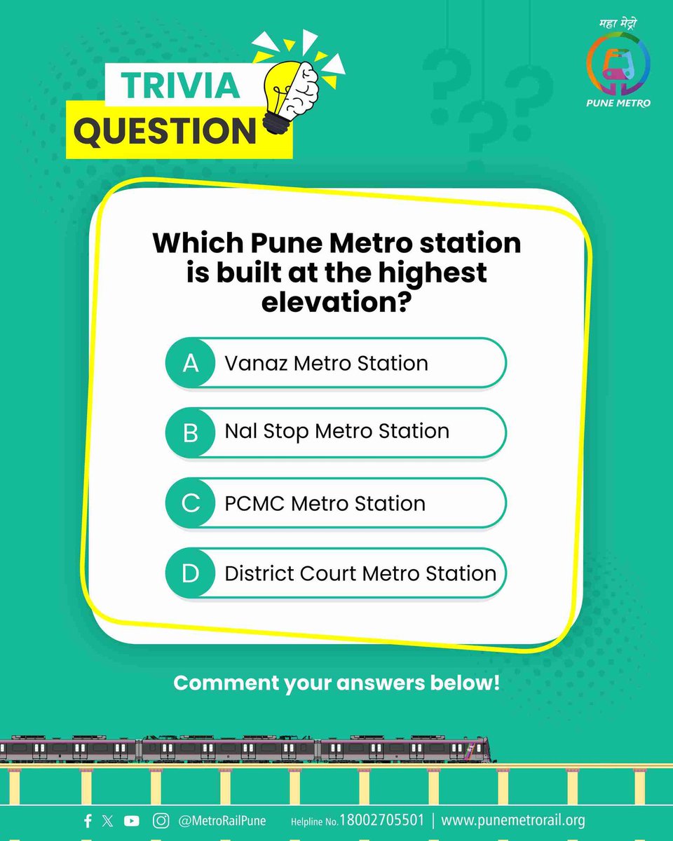 metrorailpune's tweet photo. Trivia Time!
Can you guess which Pune Metro station stands the tallest?
Drop your answers below!
#QuizTime #QandA #MetroTrivia #PuneMetro https://t.co/SgfkOE71ea