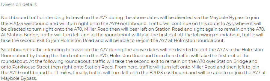 trafficscotland's tweet photo. UPDATE❗⌚12:30

🛣️ #A77 - Ayr

Remains ⛔CLOSED⛔ in BOTH DIRECTIONS between Doonholm Rd and the B7034 due to a Police incident. 

A diversion is now in place. 👇

Updates when we get them. 

@SWTrunkRoads https://t.co/xGfHXwaDPW
