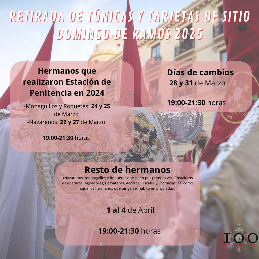 santacenagrana's tweet photo. Recordamos que los días 2, 3 y 4 de abril son los últimos días de retirada de tarjetas de sitio.

El horario es de 19:00 a 21:30 en la #CasadeHermandad.

⚠️Informamos que no quedan túnicas de roquete y monaguillos disponibles. https://t.co/UaYTXt16sS