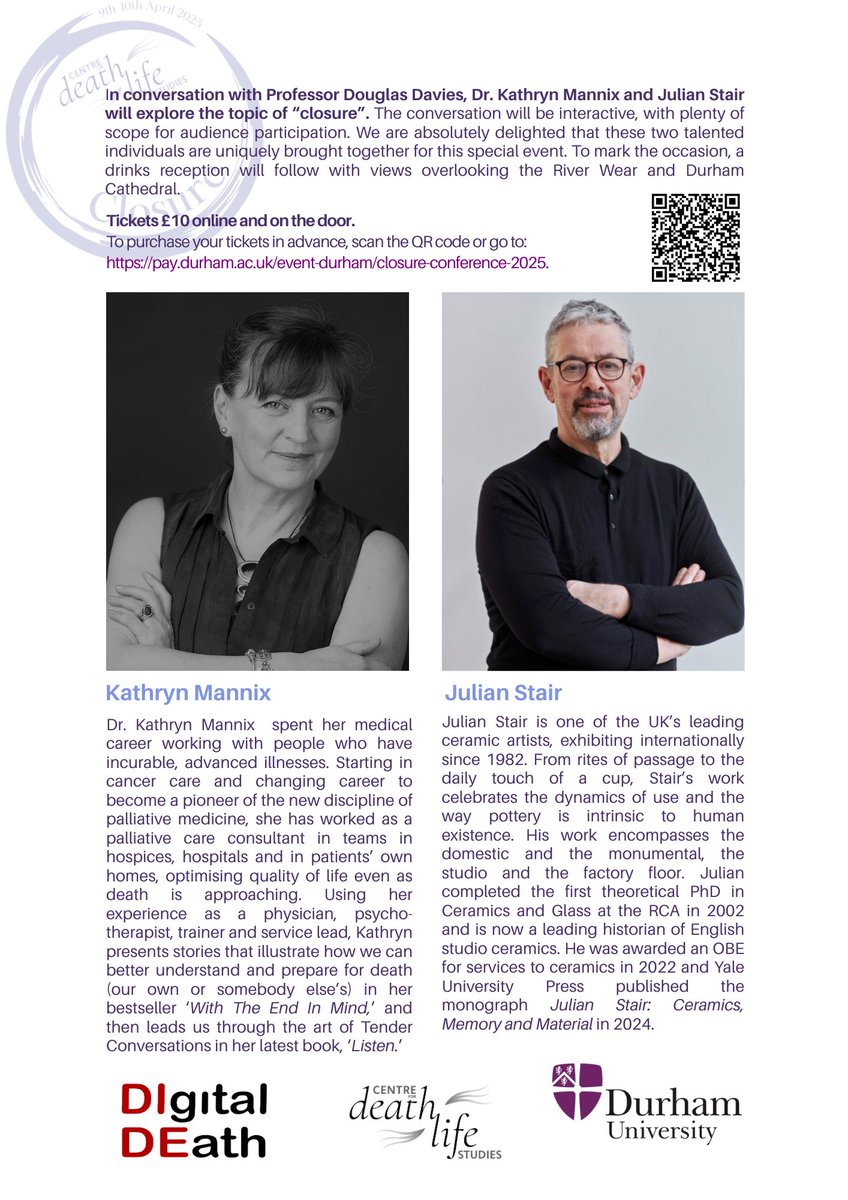 One week to go! Book your £10 tickets for our public lecture now to avoid disappointment... pay.durham.ac.uk/event-durham/c…

Join <a href="/drkathrynmannix/">Kathryn Mannix</a> and Julian Stair OBE in conversation with Professor Douglas Davies FBA, followed by a drinks reception with beautiful views of Durham!🌞