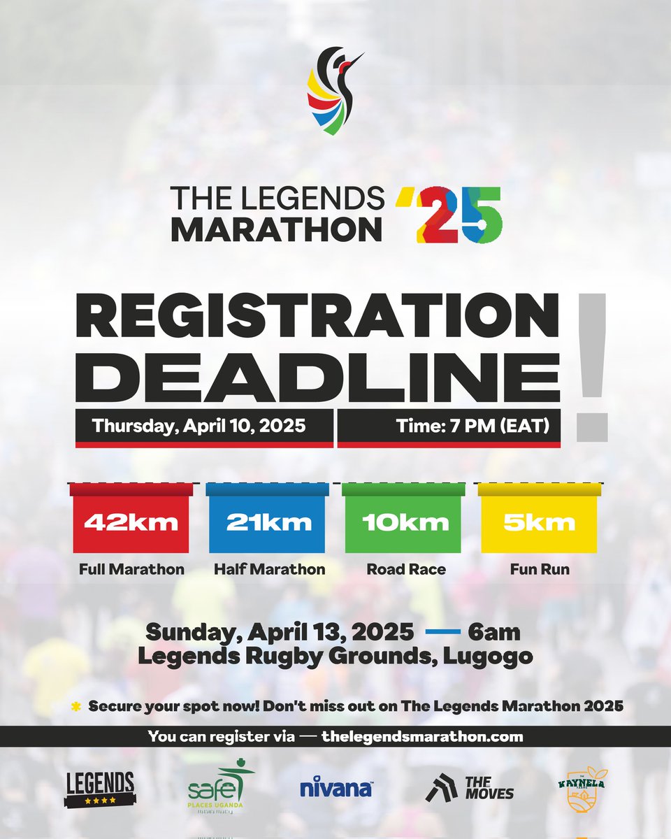 🚨 REGISTRATION DEADLINE: THURSDAY, APRIL 10, 2025.  7 PM (EAT) 🚨

If you’re still “thinking about it,” here’s a reality check: Legends don’t hesitate.

🏁 42km | 21km | 10km | 5km – Your name should be on that start list.
📍 Legends Rugby Grounds, Lugogo – SEE YOU THERE!