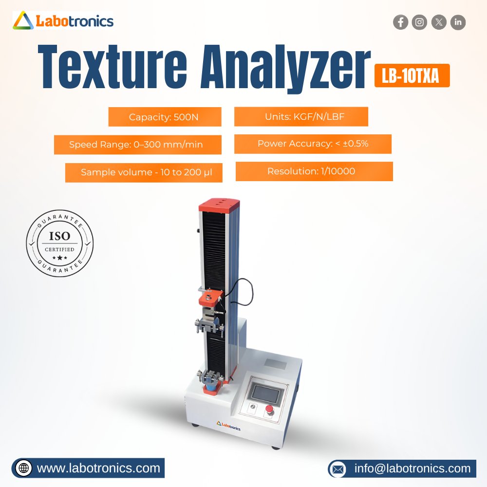 Labotronics's tweet image. &quot;Ensure precision and reliability with the Texture Analyzer 

*Compact and user-friendly.
*Automates workflows with minimal effort.
*Ensures high-throughput and reliable results.

labotronics.com/texture-analyz…

#TextureAnalyzer #PrecisionTesting #MaterialAnalysis #Labotronics