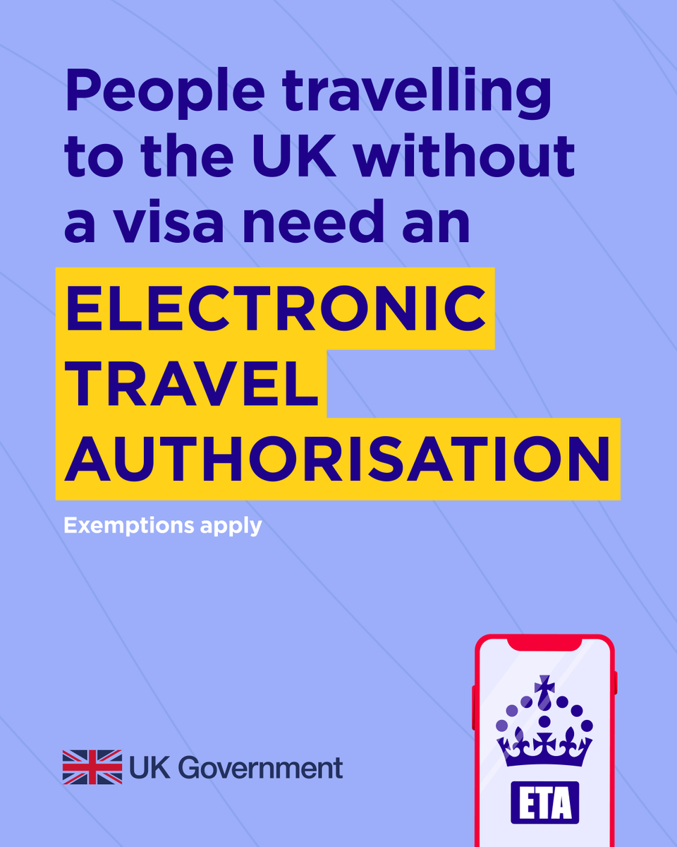 Planning a trip to the UK? 🌍

From today, eligible Europeans need an Electronic Travel Authorisation (ETA) to travel.

It's quick and simple to apply for an ETA on gov.uk/guidance/apply…