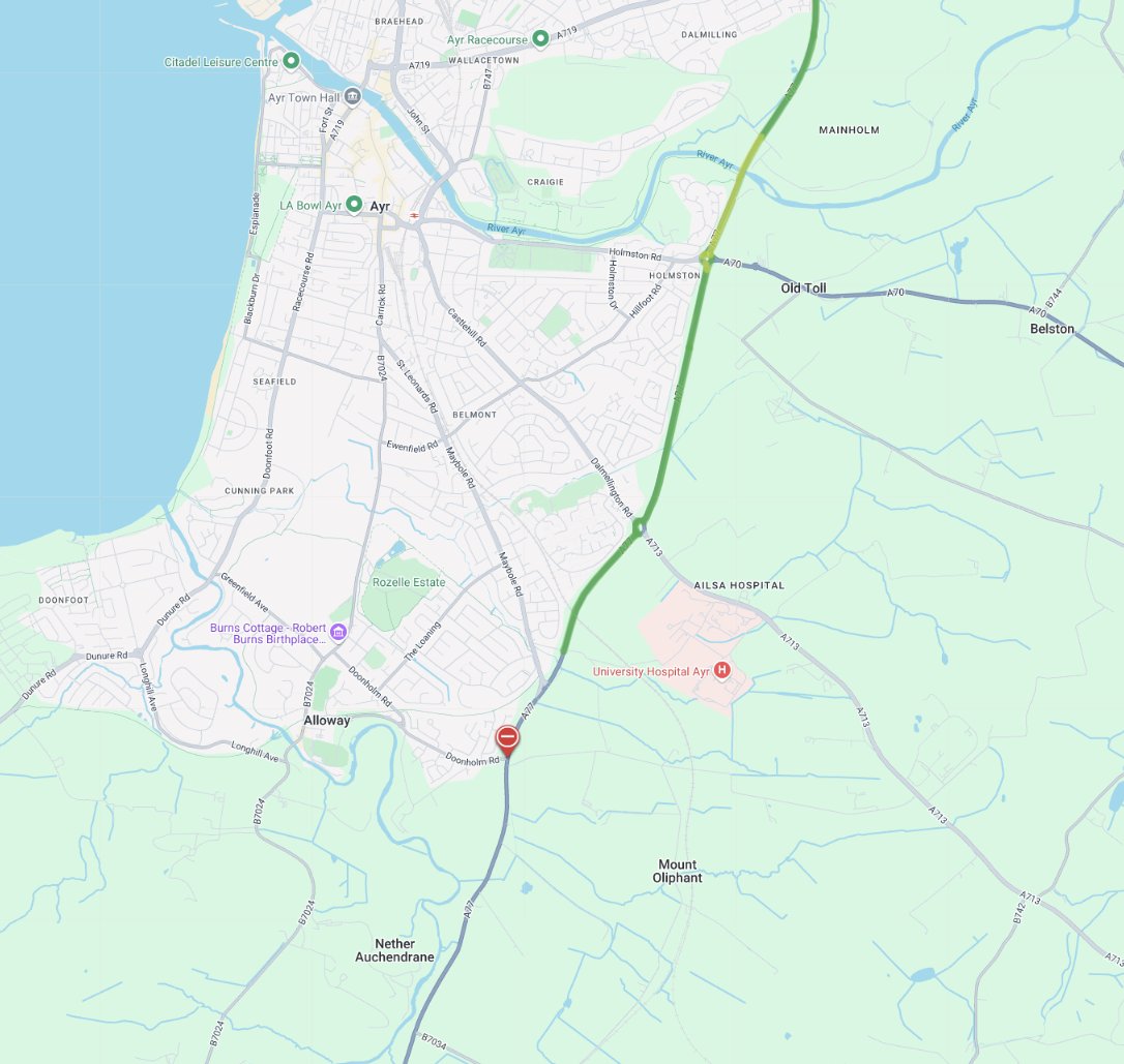 trafficscotland's tweet photo. UPDATE❗⌚12:30

🛣️ #A77 - Ayr

Remains ⛔CLOSED⛔ in BOTH DIRECTIONS between Doonholm Rd and the B7034 due to a Police incident. 

A diversion is now in place. 👇

Updates when we get them. 

@SWTrunkRoads https://t.co/xGfHXwaDPW
