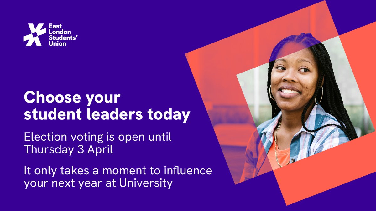 Have you voted yet? It's day three of voting week and there's still time to have your say.

Voting online doesn't take long, but is the best way to have an influence on your future at UEL. Vote now at eastlondonsu.com!