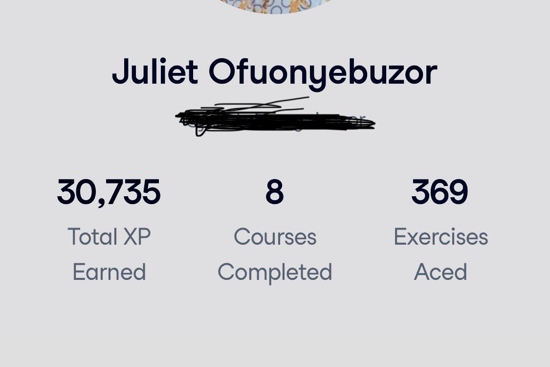 thejulesadafor's tweet image. It’s been a month since I started my DataCamp journey. This was made possible by the scholarship from DevCareer. I’m grateful for the opportunity to learn and grow. 
In this month I have earned 30,735 XP, completed 8courses &amp;amp; aced 369 exercises. @dev_careers @DataCamp @codenney