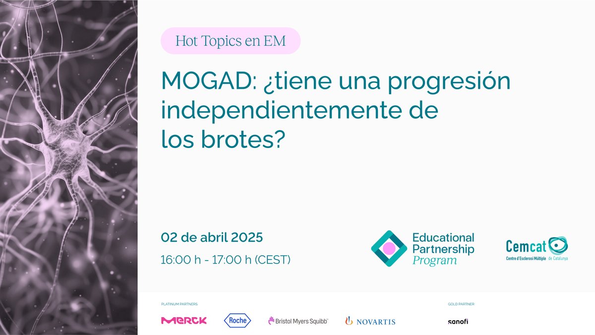 🕑 ¡Faltan 2 horas para el debate!
🧠 ¿Puede la MOGAD evolucionar de forma progresiva, más allá de los brotes? - bit.ly/HTEM020425
Dos voces expertas enfrentan sus argumentos en una nueva sesión de #HotTopicsEM:

🔬 Dra. Maria Sepúlveda (a favor)
🔬 Dr. Ricardo Alonso (en