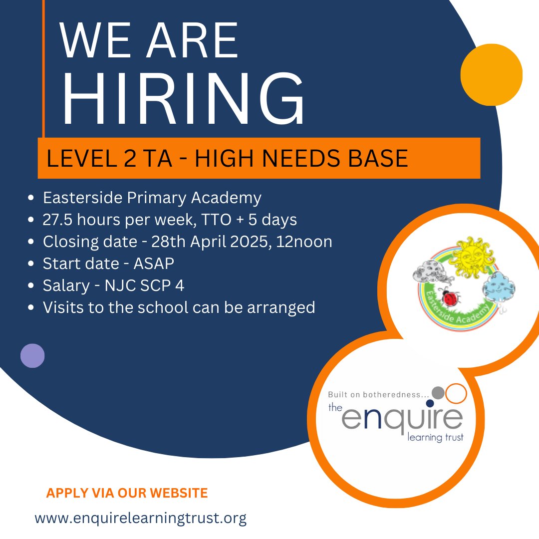 We are looking for a Level 2 TA (High Needs Base) to join The Enquire Learning Trust🧡
Interested? Or know someone who might be? Please share!
🗓28/04/2025, 12noon
📍Easterside Primary Academy
Find out more and apply here⬇
enquirelearningtrust.org/job-vacancies/…